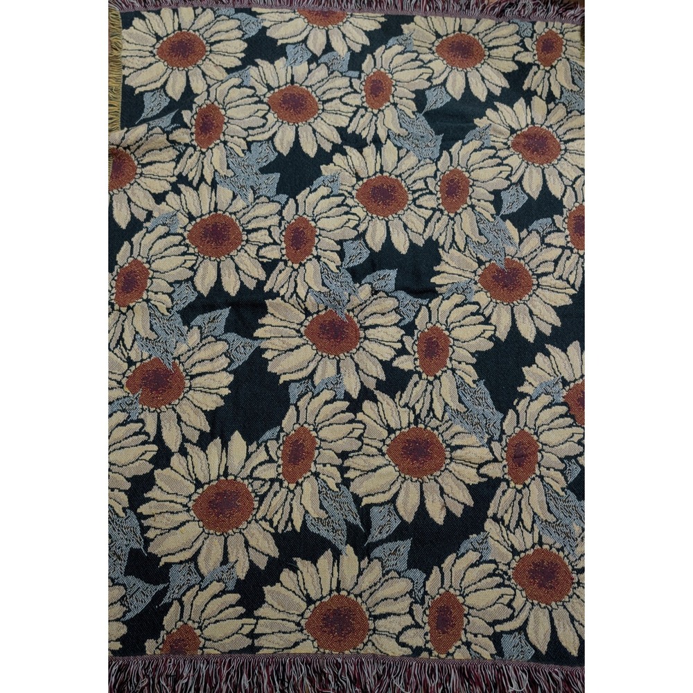Vintage Sunflower Daisy Woven Tapestry Throw Blanket 47x61 Fringe Floral Afghan